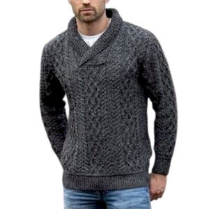 Aran Mor Ireland 💯 Marino Wool Cable Knitted Shawl Collar Sweater Size L